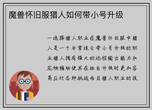 魔兽怀旧服猎人如何带小号升级